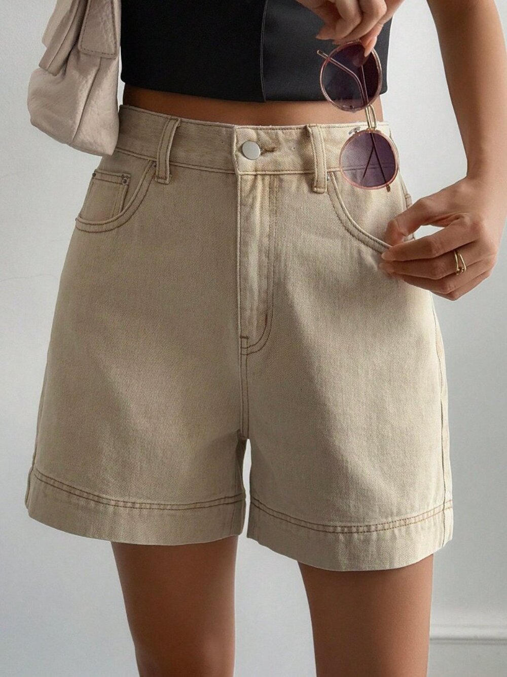 Khaki Casual Women's High Waist Denim Jorts - Picture 4 of 7